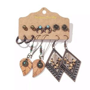Boho Earring Set Bronze Thread Wood Leaf Neutral